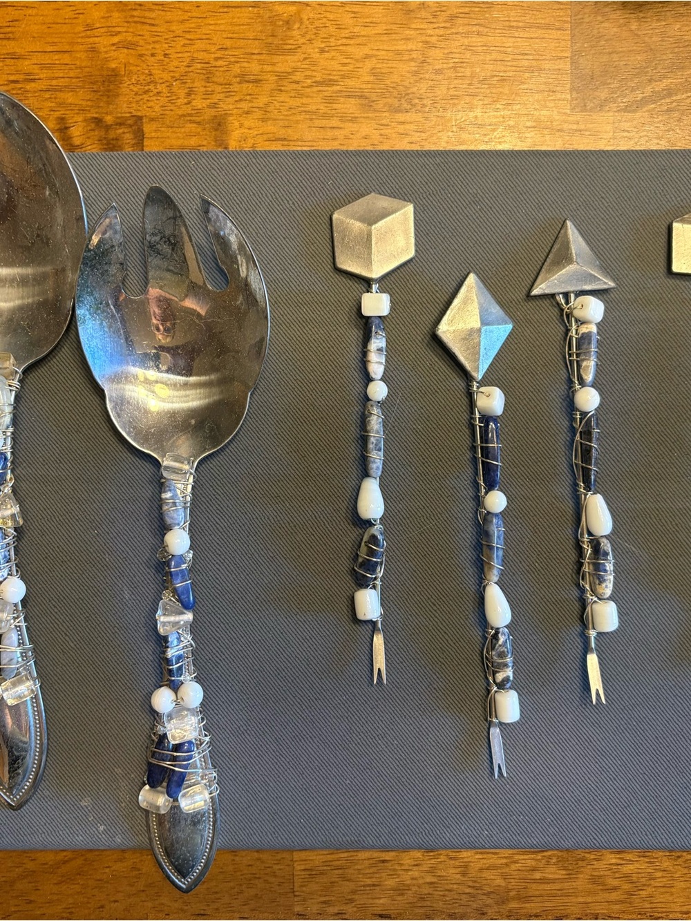 Beaded Blue and White Handle Salad Serving Set - Decorative Home Accents